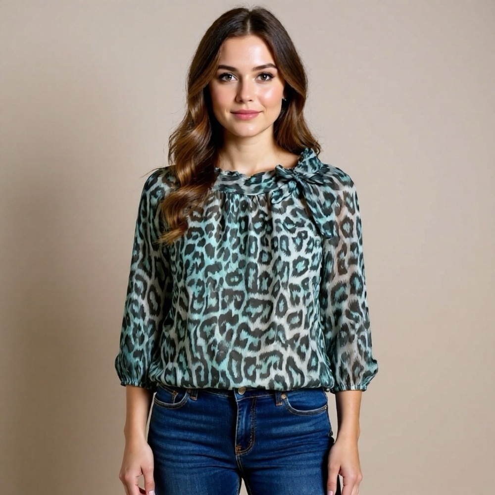 VIOLA BORGHI Top Blue Animal Print Womens Size Small Sheer Silk Lined